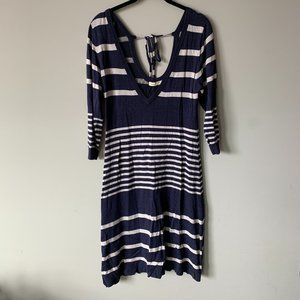 Designer Dress (3/4 sleeve) - V-Neck - Dark Blue with White Stripes